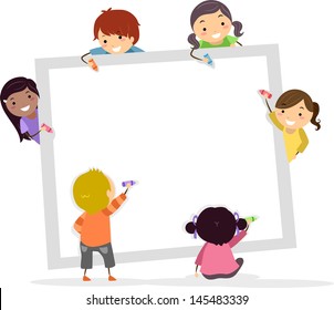 Illustration Of Stickman Kids Writing With Crayons On A Blank Square Board