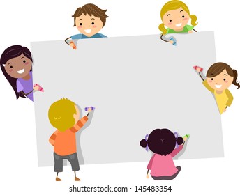 Illustration Of Stickman Kids Writing With Crayons On A Blank Board