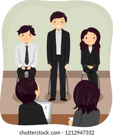 Illustration of Stickman Korean In a Job Interview with a Panel and Fellow Interviewees Sitting