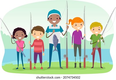 Illustration of Stickman Man Girl Kid in Different Ages Holding Fishing Rod and Fish, Group Fishing at the Lake
