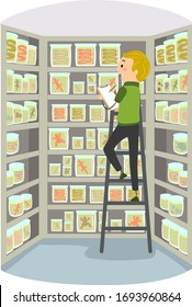 Illustration of a Stickman Man On the Ladder Taking Inventory Inside Jars on a Clipboard in Herpetology Laboratory