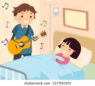 Illustration Of Stickman Man Playing Guitar For Kid Girl Lying In Hospital Bed As Music Therapy