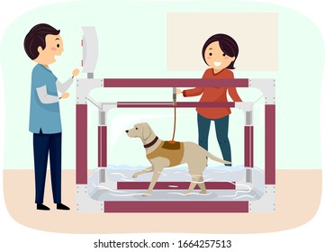 Illustration of Stickman Man and Woman with Dog Using Underwater Treadmill for an Aquatic Therapy