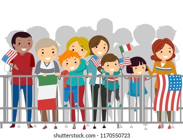 Illustration of Stickman Man, Woman and Kids Holding American Flag Behind Barricades Watching Columbus Day Parade