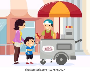 Illustration of a Stickman Mother and Her Kid Boy Buying Hotdog Sandwich from the Street Stall