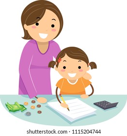 Illustration of Stickman Mother Teaching Her Daughter Counting Change