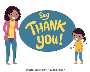 Illustration of a Stickman Mother Teaching Her Kid Girl About Saying Thank You