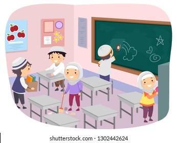 Illustration Of Stickman Muslim Kids Cleaning The Classroom