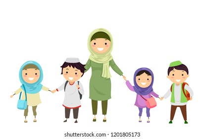 Illustration of Stickman Muslim Kids Holding Hands with their Teacher