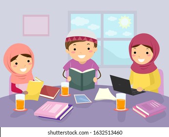 Illustration of Stickman Muslim Kids Students Wearing Hijab and Taqiyah Studying Together