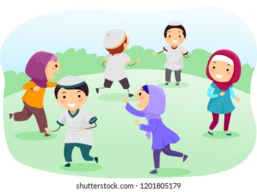 Illustration of Stickman Muslim Kids Wearing Hijab and Taqiyah Running Outdoors