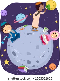 Illustration of Stickman Muslim Kids Wearing Taqiyah and Hijab and Learning About Outer Space with Paint Brush, Colored Pencils and a Book