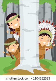 Illustration of Stickman Native American Hiding Behind a Birch Tree