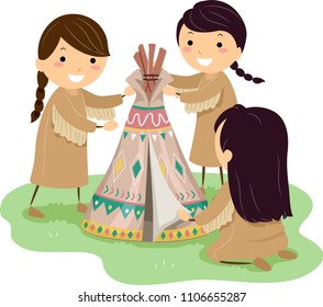 Illustration of Stickman Native American Kid Girls Making a Mini Teepee
