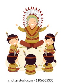 Illustration of Stickman Native American Kids Sitting Around an Elder Man Telling a Story