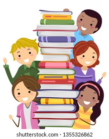 Illustration Of Stickman Parents Man And Woman Holding A Stack Of Books For School Book Fair