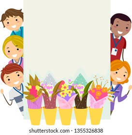 Illustration of Stickman Parents and Teachers Behind a Blank Board with Flowers for Spring Sale and Fundraising