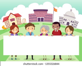 Illustration of Stickman Parents and Teachers Holding a Blank Board In Front of the School