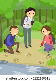 Illustration of Stickman People with Backpack and a Tablet, Tracking Footprints of Wildlife in the Jungle