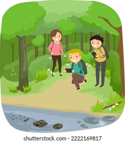 Illustration of Stickman People with Backpack and Tablets Interacting with a Wildlife Crocodile in the Jungle River