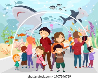 Illustration of Stickman People and Families Looking Above in an Underwater Tunnel Aquarium