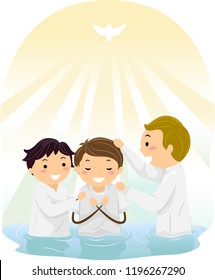 Illustration of Stickman Priest Baptizing a Man in Jordan River with Dove Flying Above with Light Rays