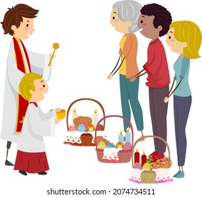 Illustration of Stickman Priest Holding Aspergillum with Holy Water Blessing People Easter Basket with Kid Altar Servant Holding Aspersorium