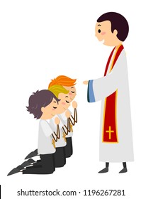 Illustration of Stickman Priest Ordinating Kids Boys Kneeling Down as Altar Server