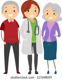 Illustration of Stickman Senior Couple with their Doctor