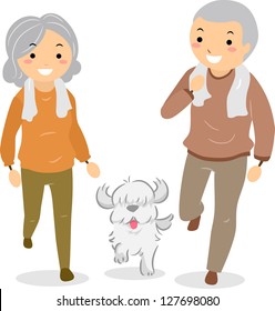 Illustration of Stickman Senior Couple Walking their Dog