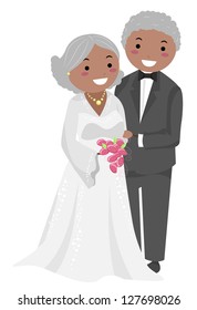 Illustration of Stickman Senior Couple Wedding