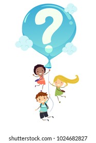 Illustration of Stickman Student Kids Carried by a Big Blue Balloon with a Question Mark