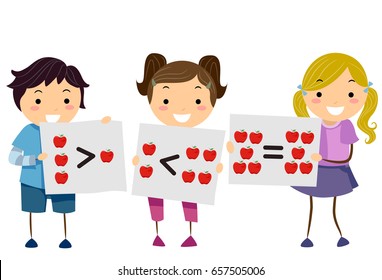 Illustration of Stickman Students Holding Flash Cards About Greater Than, Less Than and Equal Signs