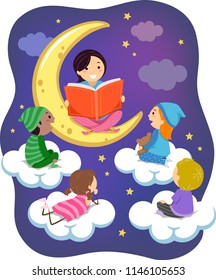 Illustration of Stickman Teacher and Kids Wearing Pajamas Reading a Book on Clouds and the Moon