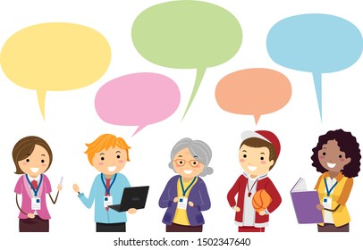 Illustration of Stickman Teachers, Man, Girl and Senior Talking to Each Other with Blank Speech Bubbles