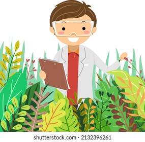 Illustration of Stickman Teen Boy Scientist Wearing Laboratory Coat and Safety Glasses Holding Clipboard with Plants Chart Observing Plants