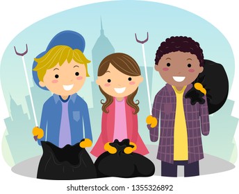 Illustration of Stickman Teen Girl and Guy Holding Plastic Trash and Garbage Picker and Doing Community Service