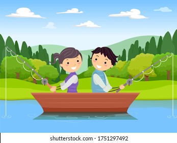 Illustration of Stickman Teenage Couple Fishing and Riding a Boat in a Lake