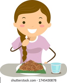 Illustration of a Stickman Teenage Girl Eating a Plate of Giant Water Bug in Thailand, Insects Exotic Food