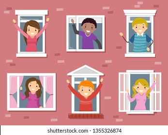 Illustration of Stickman Teenage Girl and Guys Waving from Windows in College