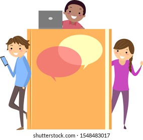 Illustration of Stickman Teenage Girl and Guys Student with a Communication Book with Speech Bubbles on the Cover