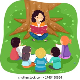 Illustration of Stickman Teenage Girl Reading a Story Book with Kids Under a Tree