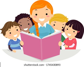 Illustration of a Stickman Teenage Girl Reading a Book to Children