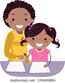 Illustration of a Stickman Teenage Girl Teaching a Kid Girl to Write Using a Pencil