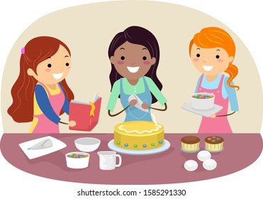 Illustration of Stickman Teenage Girls Baking Cake Together, Each Holding a Cookbook, a Candy and Icing Piping and a Mixing Bowl with the Cake, Cupcakes, Eggs, Candies, Mixing Bowl, Measuring Cup 