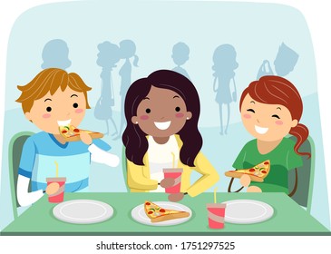 Illustration of Stickman Teenage Girls and Guy Friends Eating Pizza Outdoors
