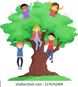 Illustration of Stickman Teenage Girls and Guys Hanging Out On a Tree