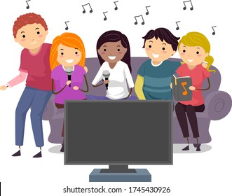 Illustration of Stickman Teenage Girls and Guys Holding Microphone and Song Book and Singing Karaoke