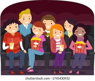 Illustration of Stickman Teenage Girls and Guys In Movie House with Popcorn and Drinks