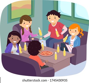 Illustration of Stickman Teenage Girls and Guys Drinking Beer and Eating Pizza